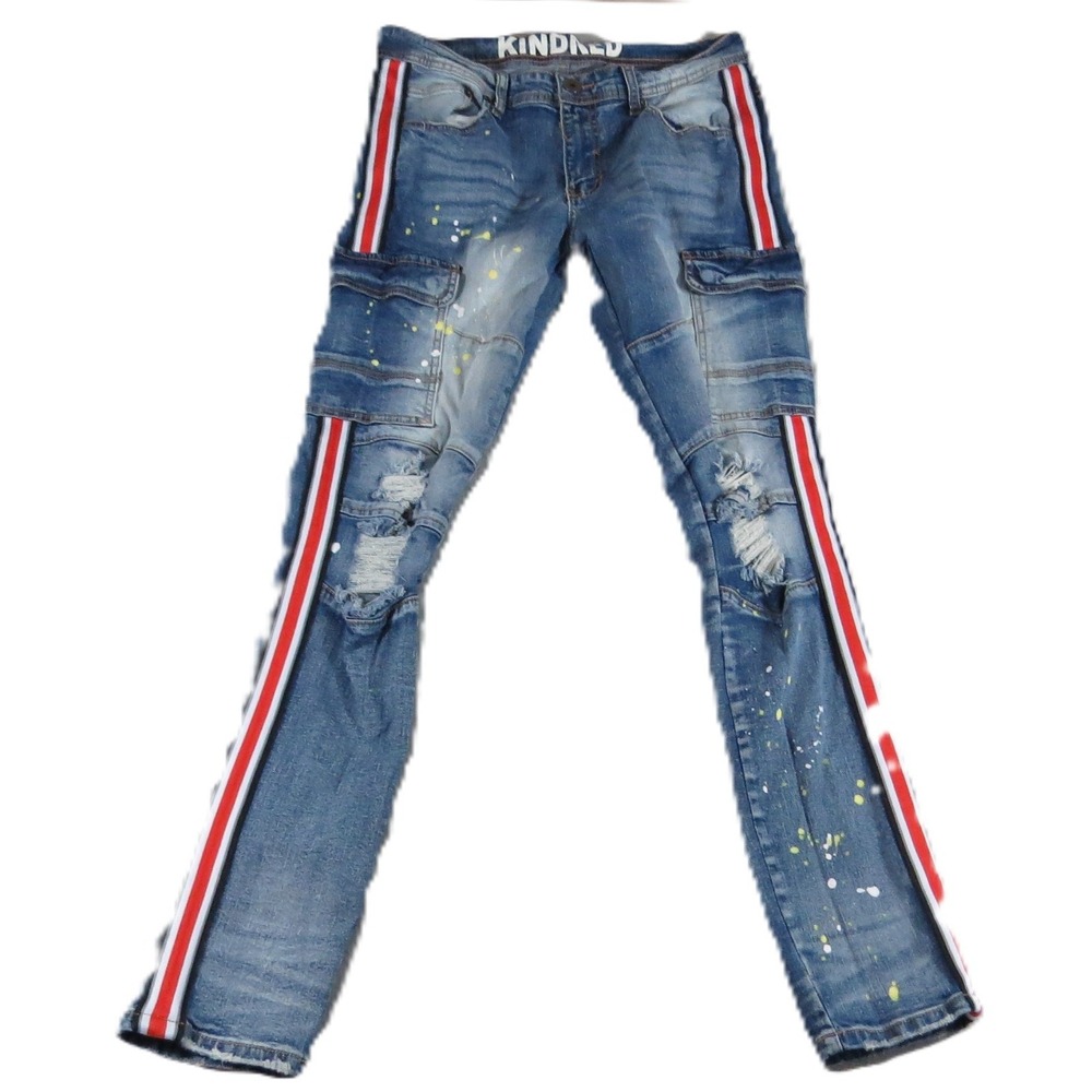 Kindred Cargo Moto Jeans Men W32 L31 Blue Paint Splatter Stripe Distressed Denim